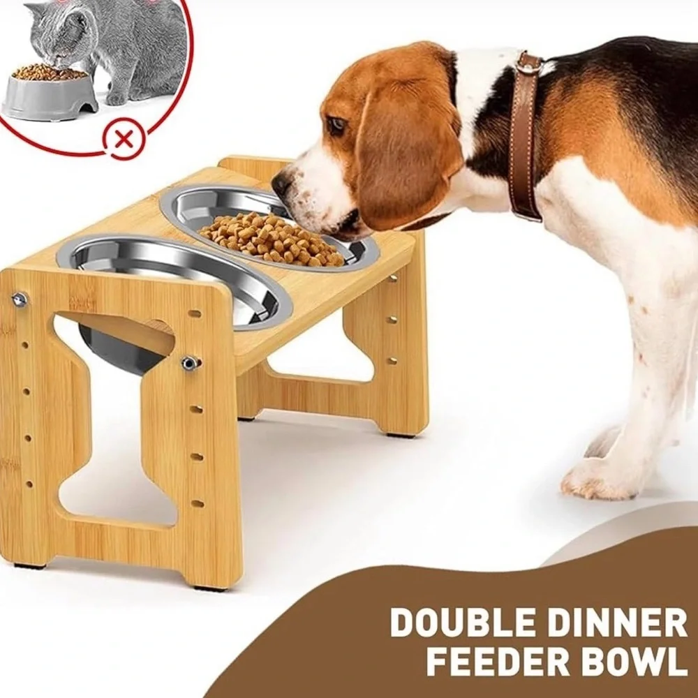 Adjustable Bamboo Pet Feeder with Stainless Steel Bowls